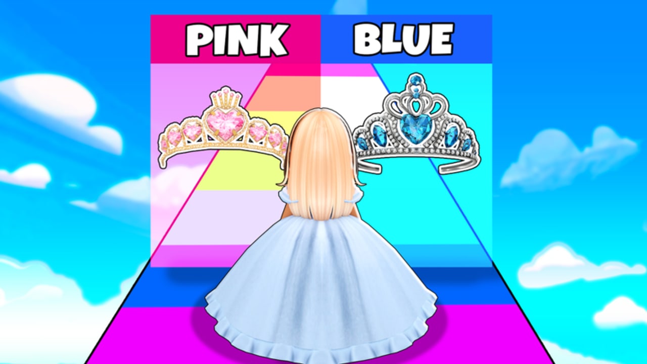 Mega Princess Tycoon official scene: a princess in a blue gown choosing between pink and blue tiaras