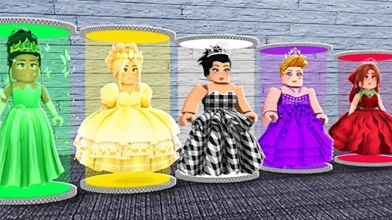 Mega Princess Tycoon princess selection room with five colored display pods